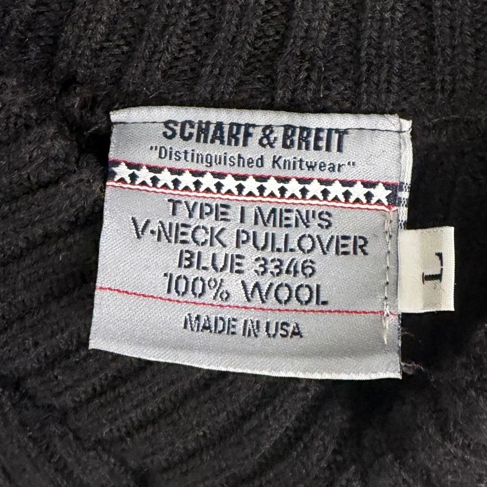 Scharf & Breit‎ V-Neck Pullover Men Large Blue  Commando Wool Type 1 Sweater USA